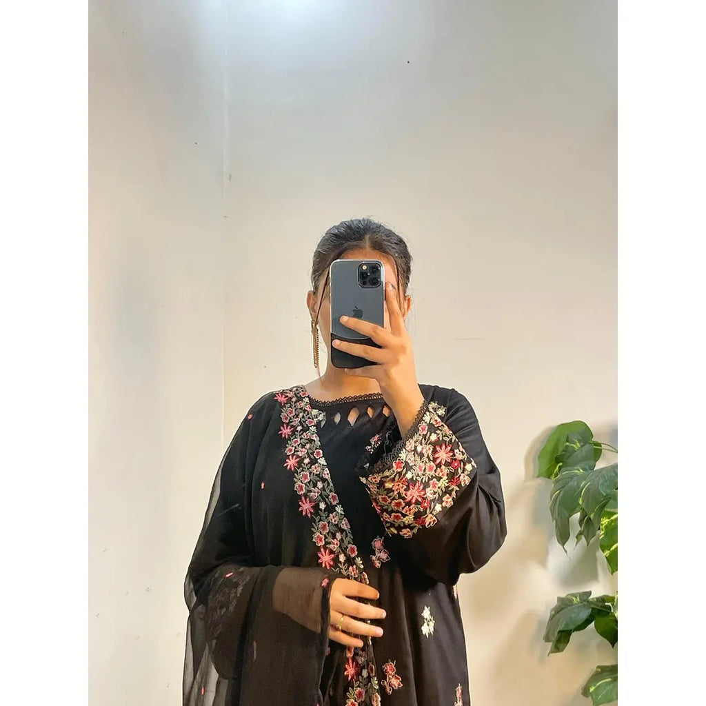 Black Cotton 3-Piece Suit with Colorful Embroidery & Chiffon Dupatta