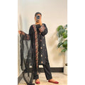 Black Cotton 3-Piece Suit with Colorful Embroidery & Chiffon Dupatta