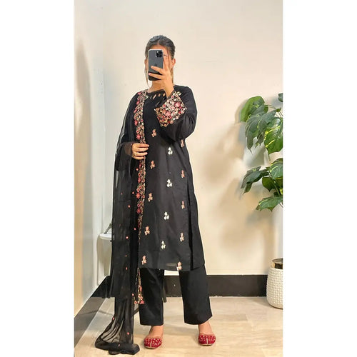 Black Cotton 3-Piece Suit with Colorful Embroidery & Chiffon Dupatta