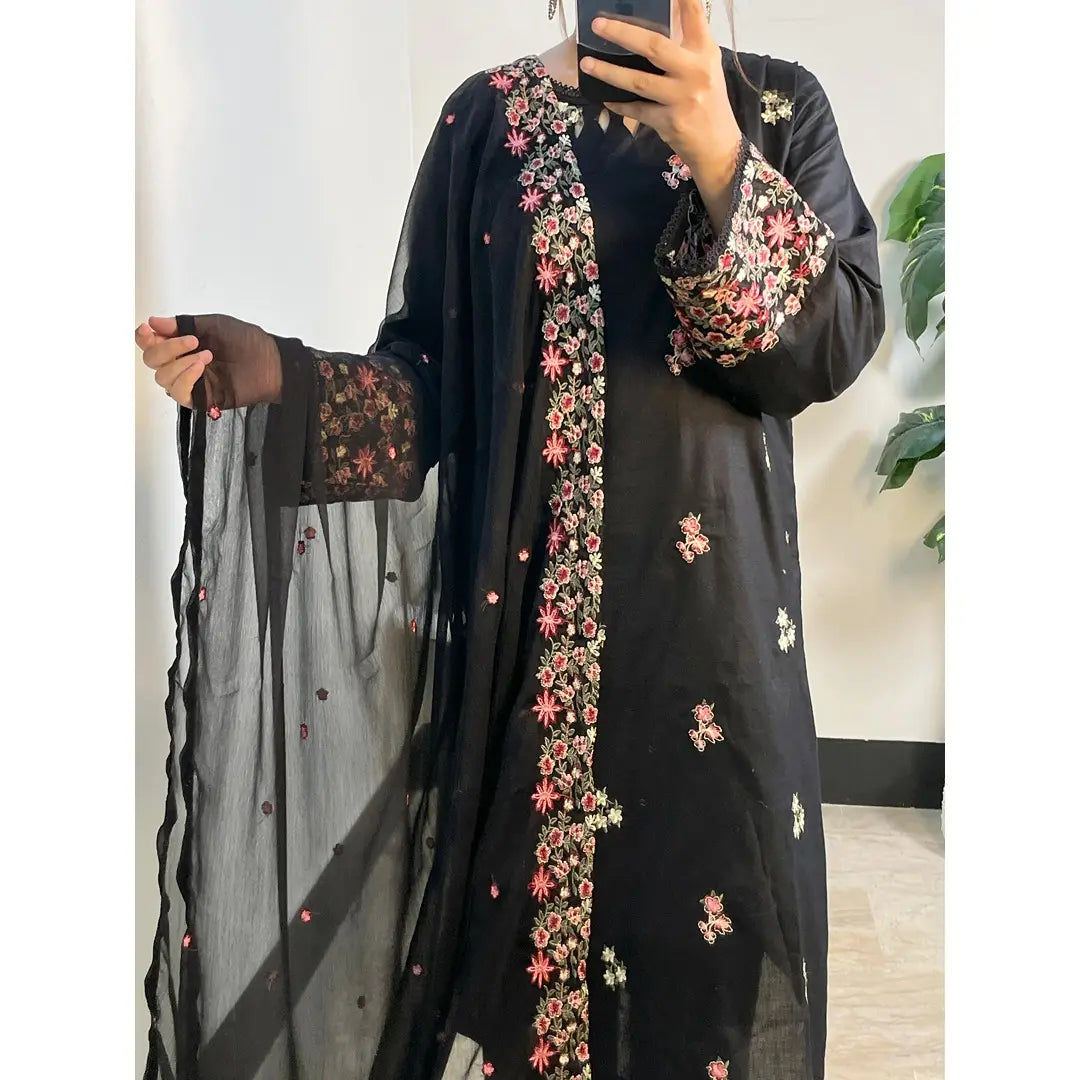 Black Cotton 3-Piece Suit with Colorful Embroidery & Chiffon Dupatta