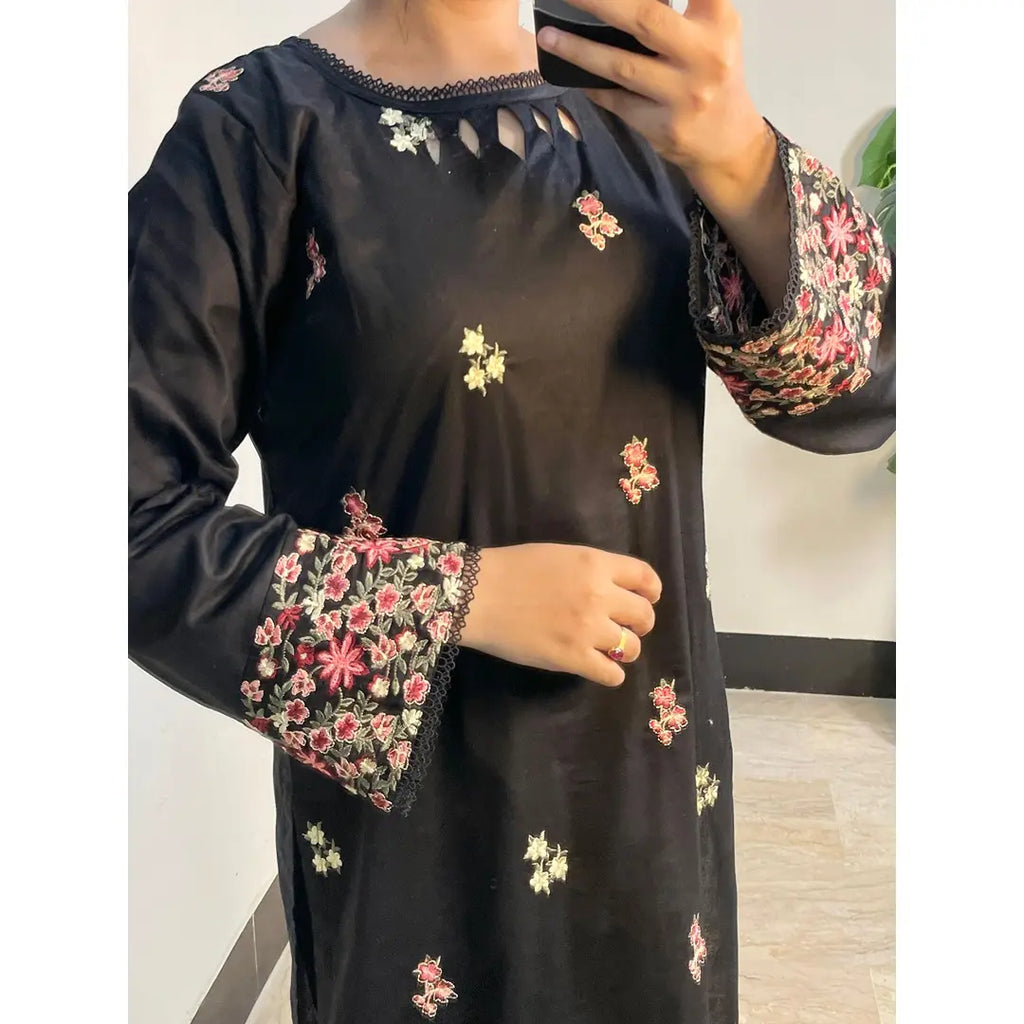 Black Cotton 3-Piece Suit with Colorful Embroidery & Chiffon Dupatta