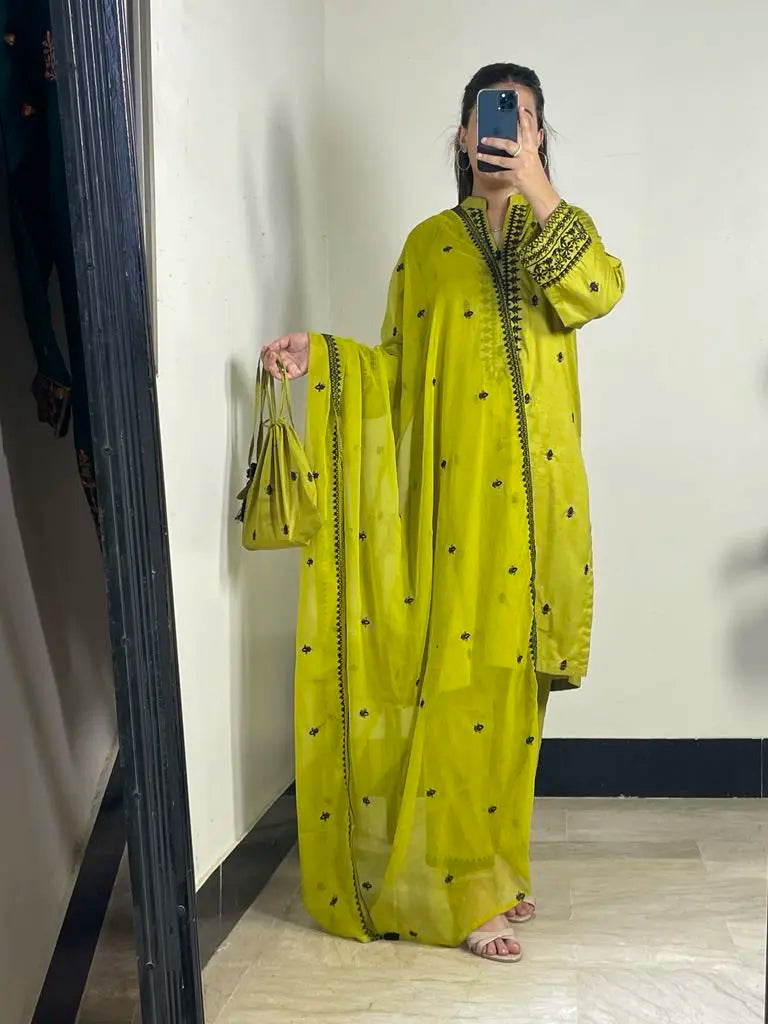 Dhani green 3-piece embroidered cotton suit