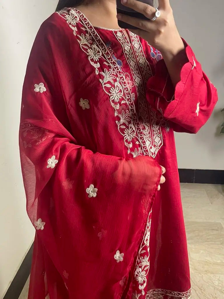 Elegant 3-piece stitched red cotton suit