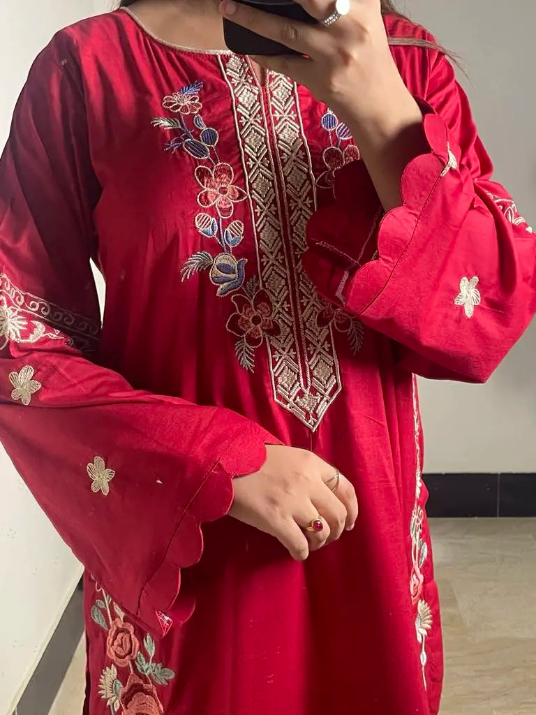 Elegant 3-piece stitched red cotton suit