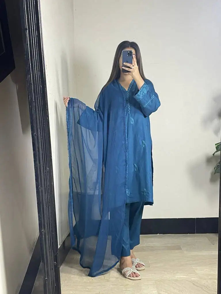 Elegant teal blue 3-piece stitched suit