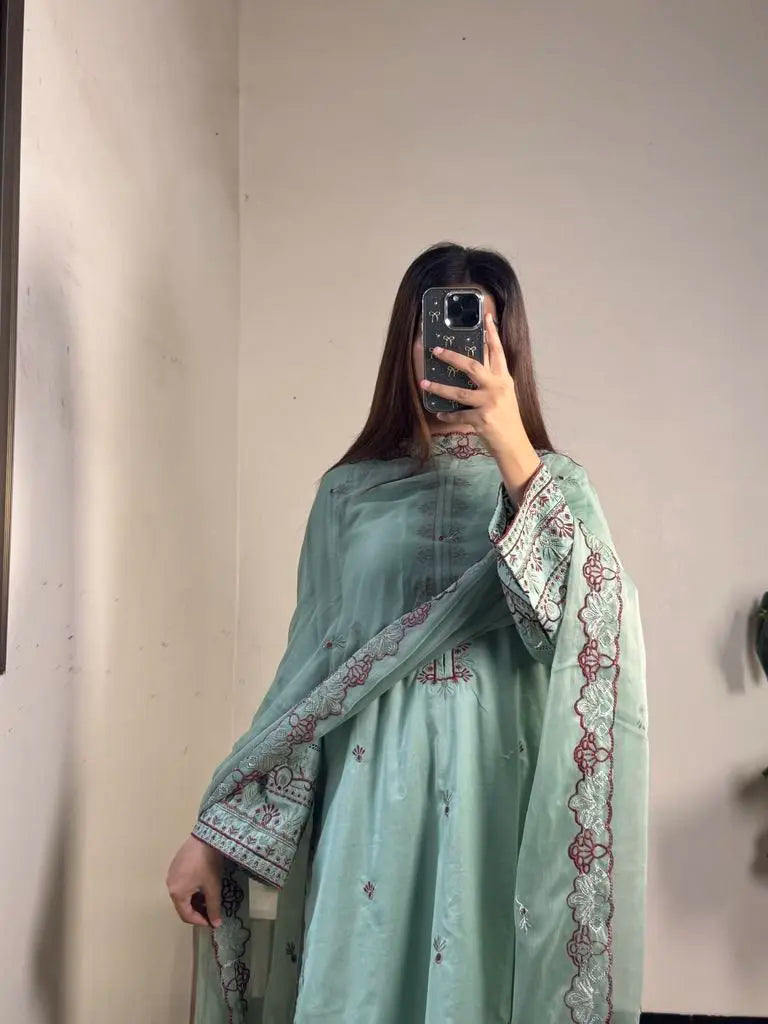 Mint green 3-piece embroidered cotton suit