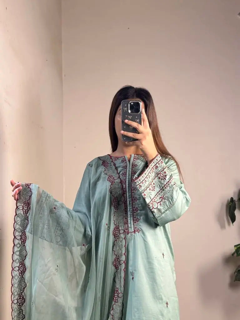 Mint green 3-piece embroidered cotton suit