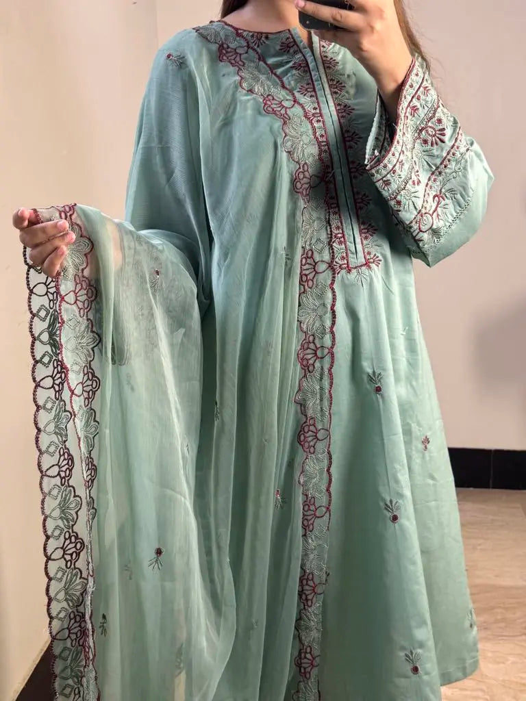 Mint green 3-piece embroidered cotton suit