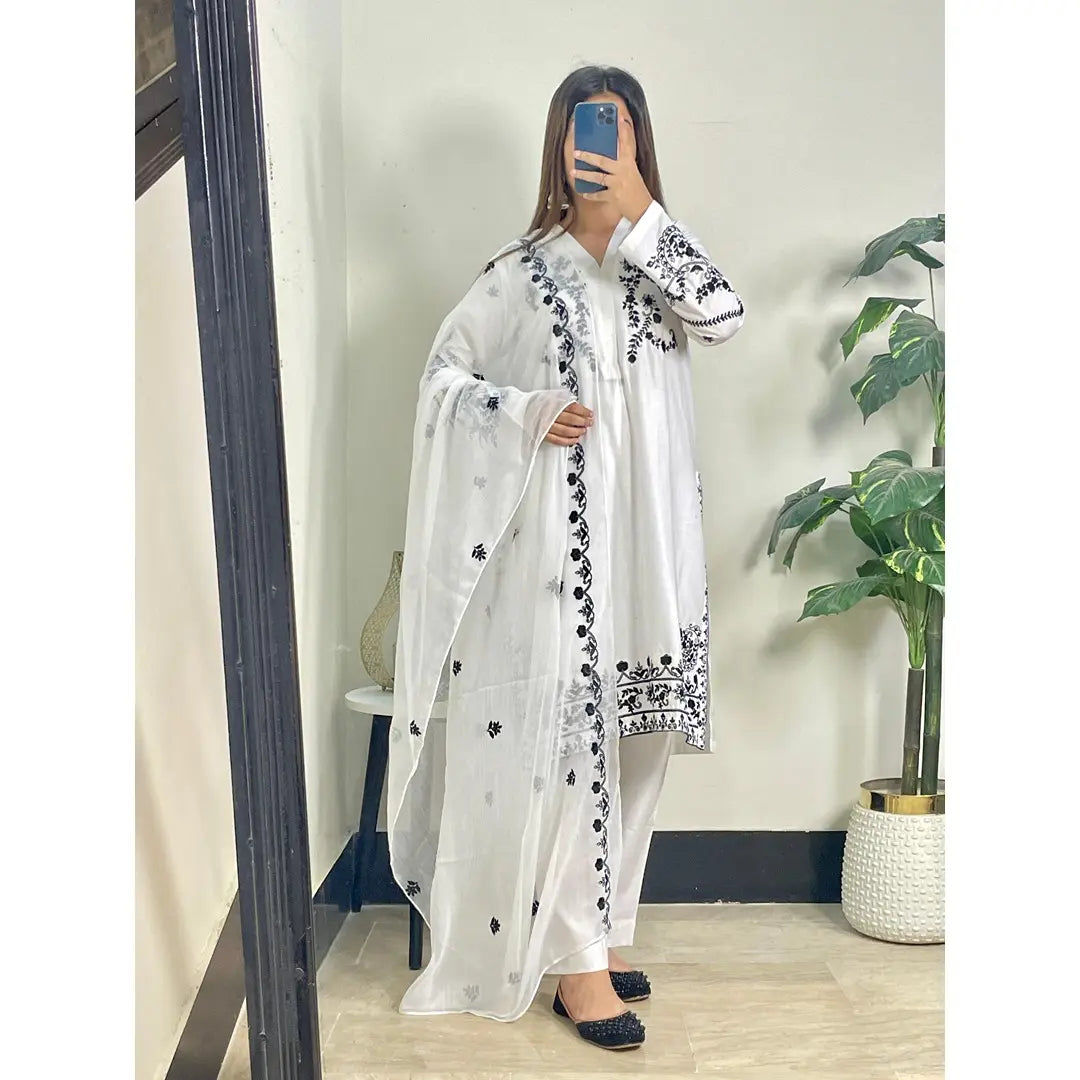 Premium White Cotton 3-Piece Embroidered Suit with Black Thread Work