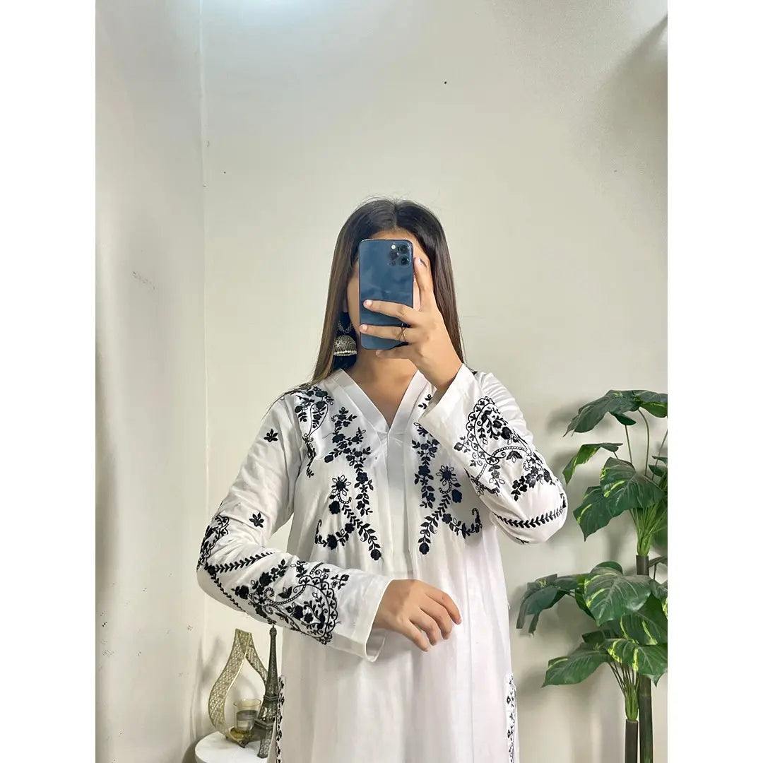 Premium White Cotton 3-Piece Embroidered Suit with Black Thread Work