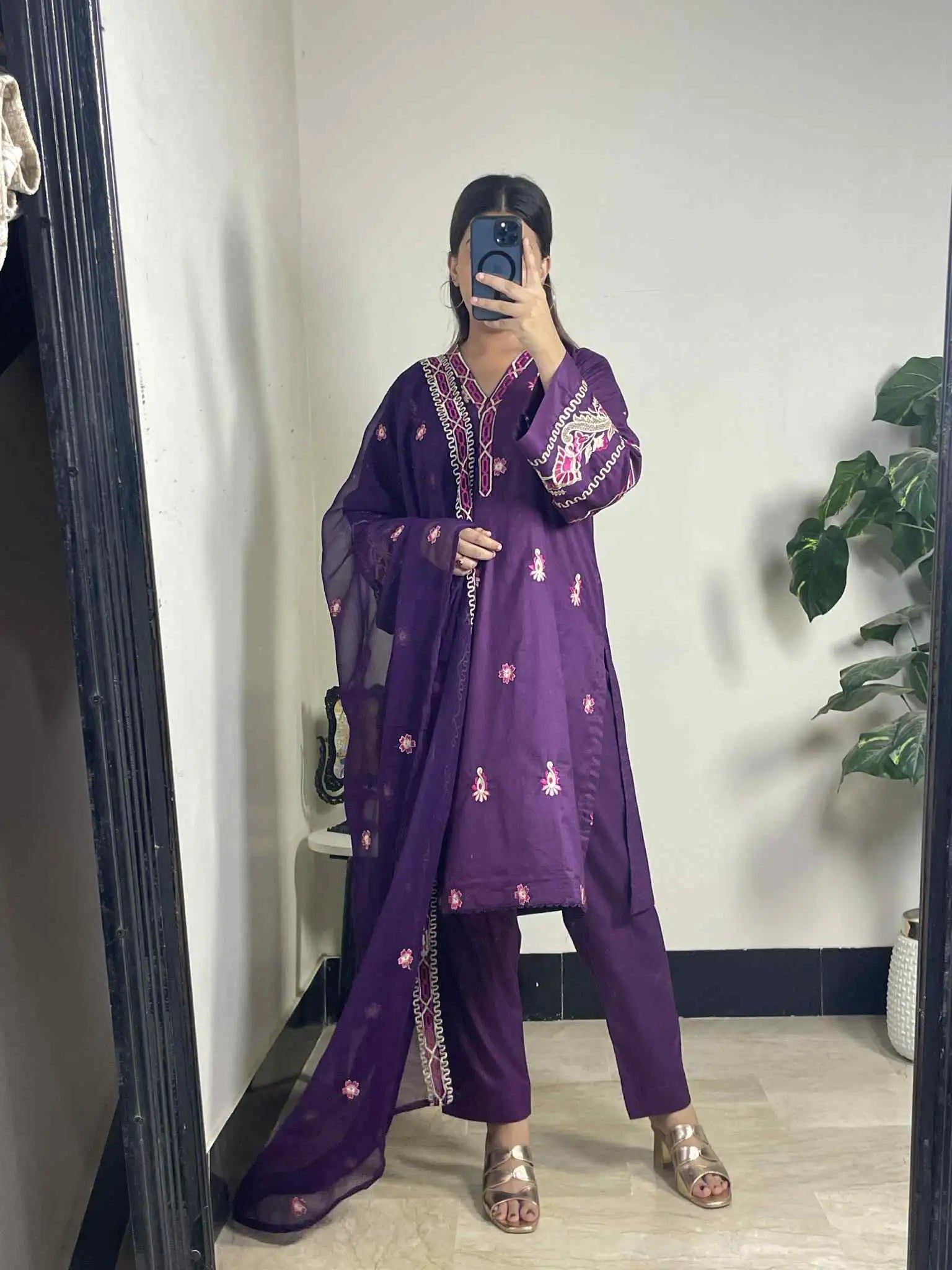Purple 3-Piece Stitched Cotton Suit with Chiffon Embroidered Dupatta
