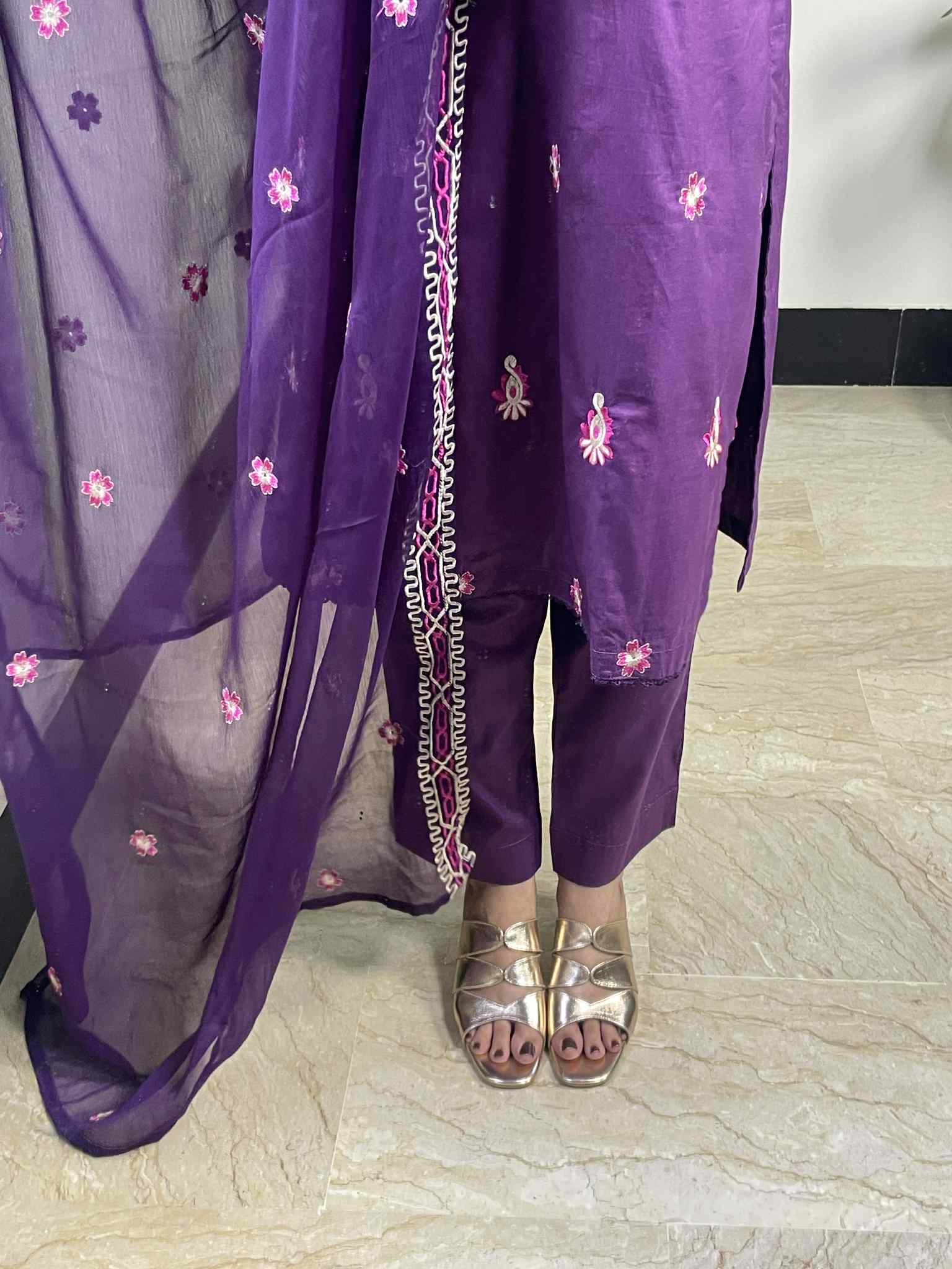 Purple 3-Piece Stitched Cotton Suit with Chiffon Embroidered Dupatta