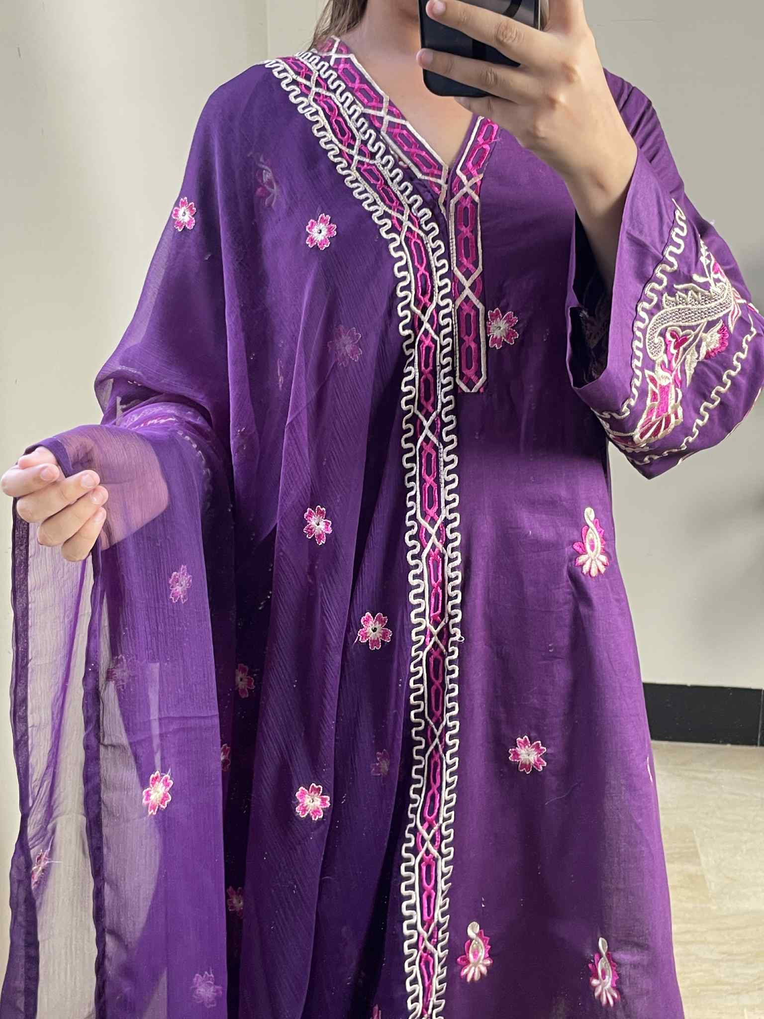 Purple 3-Piece Stitched Cotton Suit with Chiffon Embroidered Dupatta