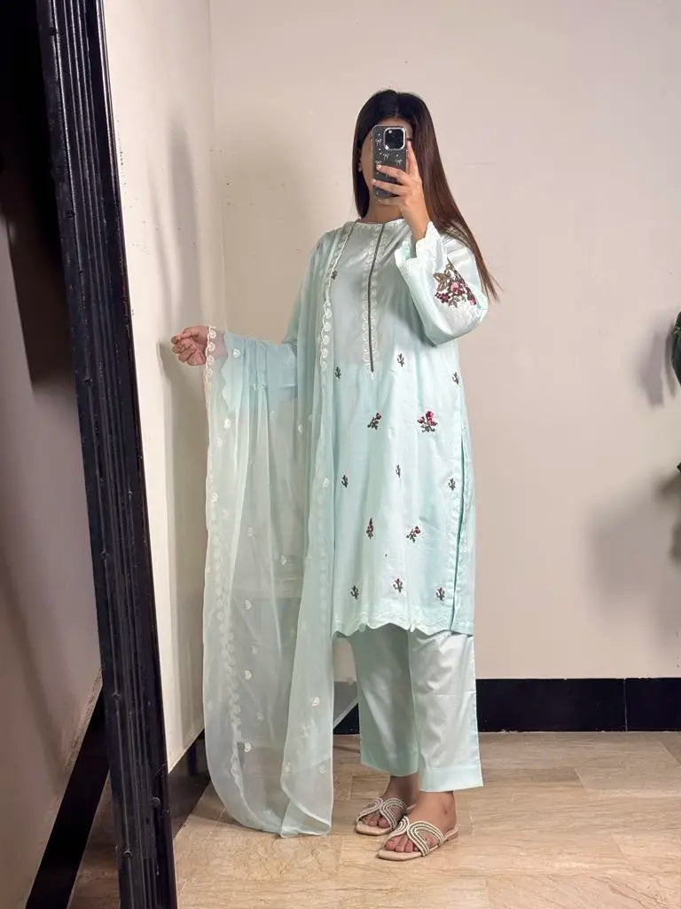 Sky Blue Embroidered 3-Piece Stitched Cotton Suit with Chiffon Dupatta