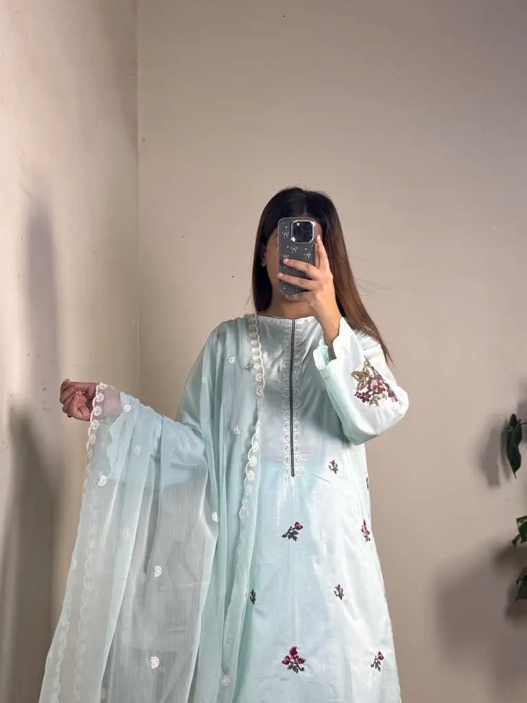 Sky Blue Embroidered 3-Piece Stitched Cotton Suit with Chiffon Dupatta