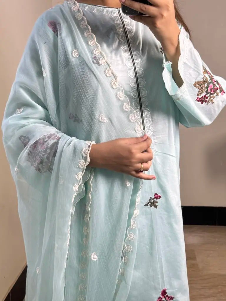 Sky Blue Embroidered 3-Piece Stitched Cotton Suit with Chiffon Dupatta