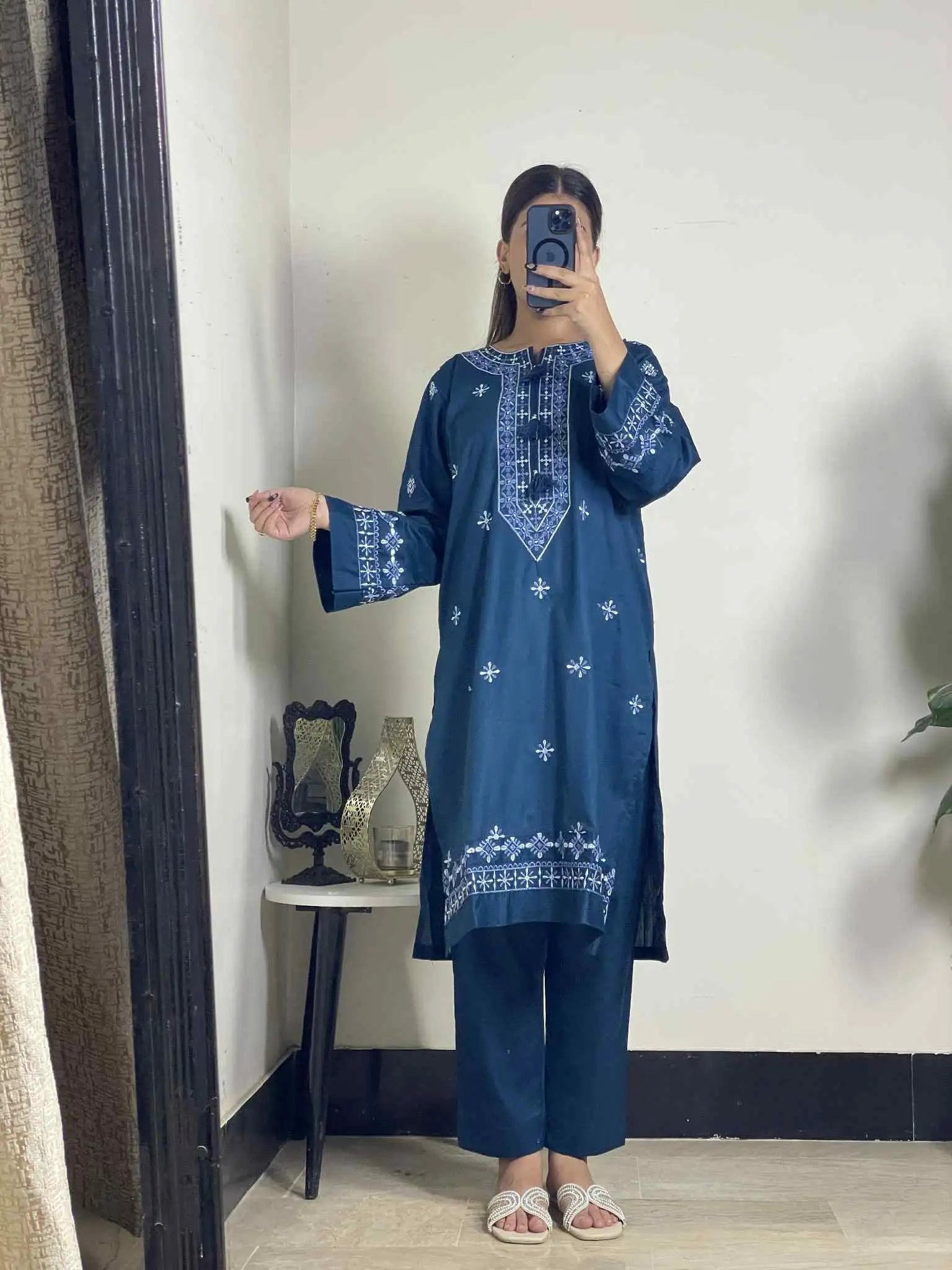 Teal Blue 2-Piece Stitched Cotton Suit with White Embroidery