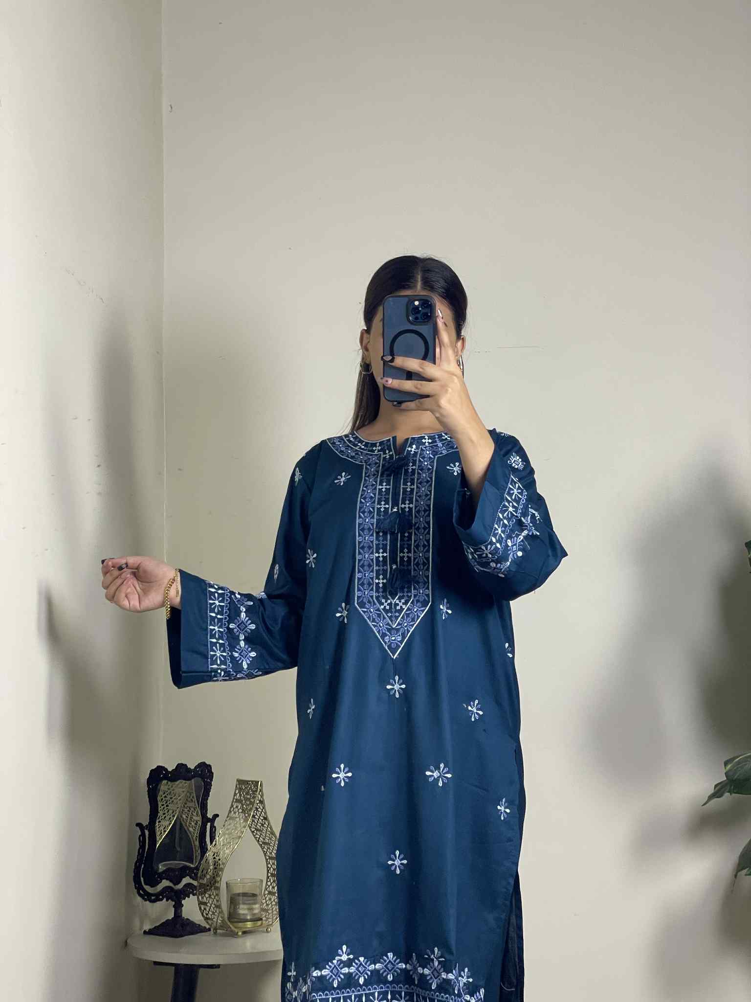 Teal Blue 2-Piece Stitched Cotton Suit with White Embroidery