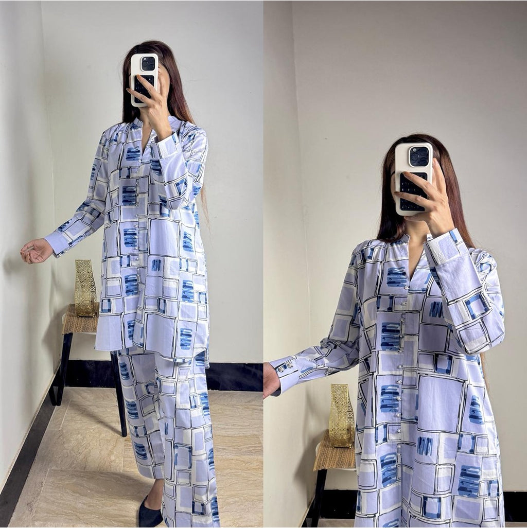 Blue Geometric Box Print Cords Set