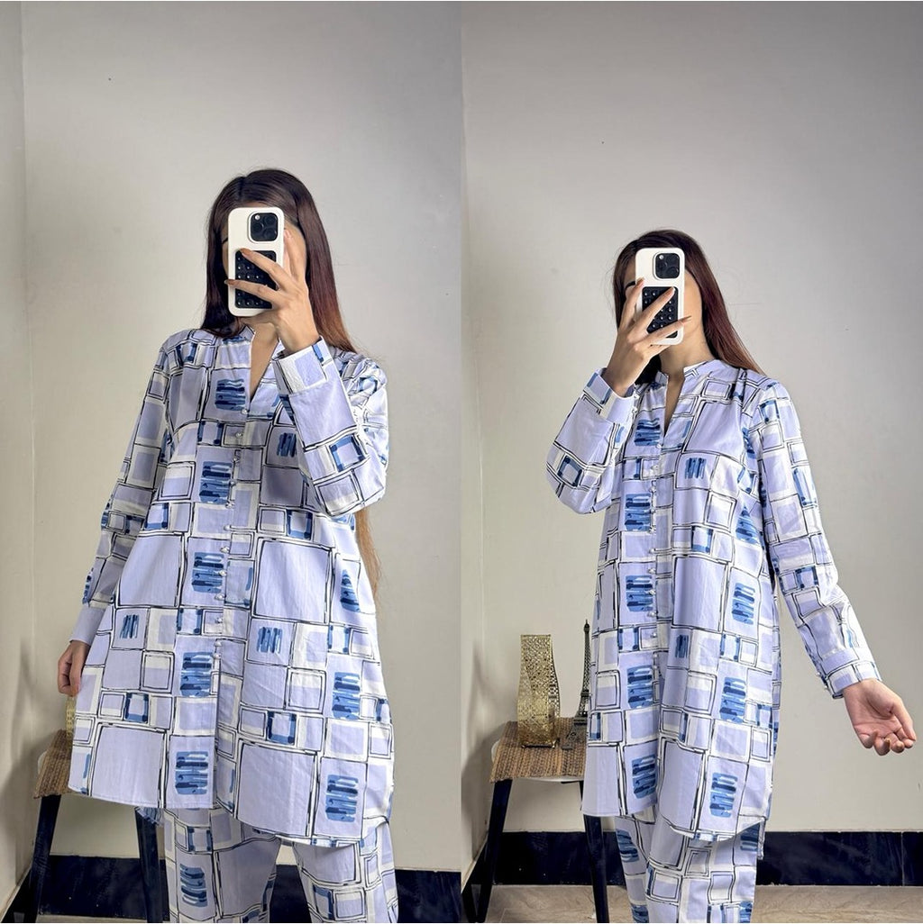 Blue Geometric Box Print Cords Set